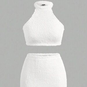 White Furry Women's Skirt and Halter Crop Top Set - Small